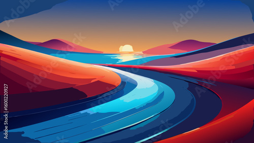 Colorful Abstract Landscape Sunrise Backgrounds – Winding River & Sunset Scenery
