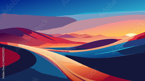 Colorful Abstract Landscape Sunrise Backgrounds – Winding River & Sunset Scenery