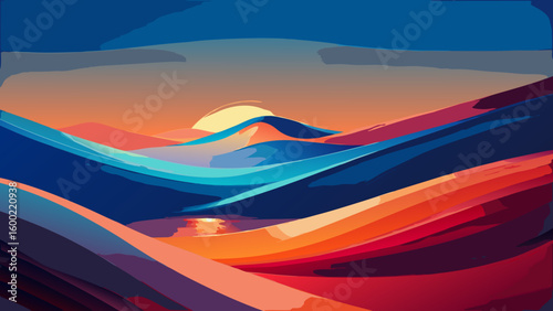 Colorful Abstract Landscape Sunrise Backgrounds – Winding River & Sunset Scenery