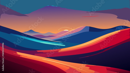 Colorful Abstract Landscape Sunrise Backgrounds – Winding River & Sunset Scenery