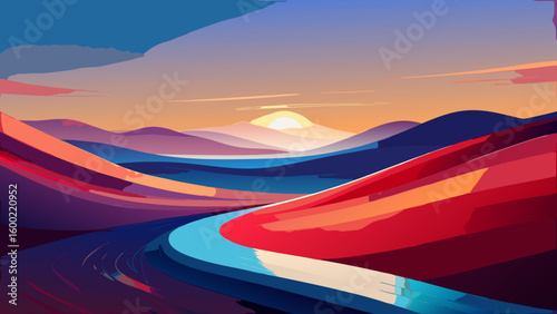Colorful Abstract Landscape Sunrise Backgrounds – Winding River & Sunset Scenery