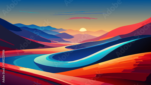 Colorful Abstract Landscape Sunrise Backgrounds – Winding River & Sunset Scenery