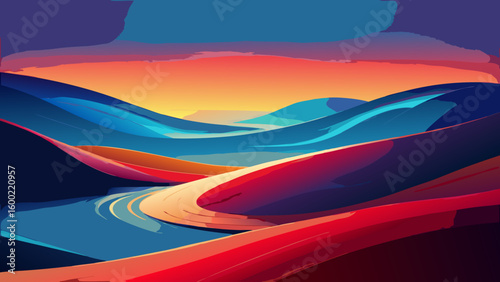 Colorful Abstract Landscape Sunrise Backgrounds – Winding River & Sunset Scenery