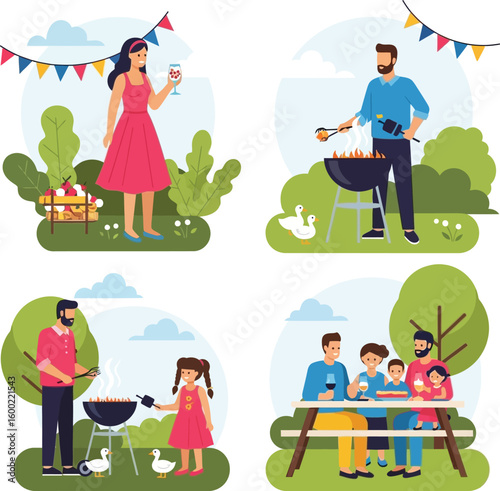 Four scenes depict families enjoying outdoor activities: a woman with wine, a man grilling, a father and daughter at a barbecue, and a family picnic at a table.