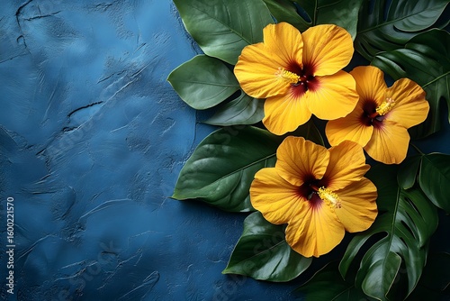 Vibrant Tropical Hibiscus Arrangement with Green Leaves on Textured Blue