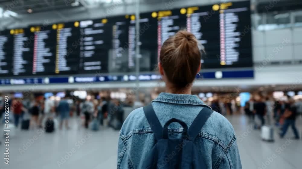 A young woman traveler with a backpack looks at a flight information board in a busy airport terminal, representing the concepts of travel, tourism, journey, and global mobility