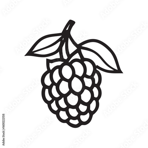 Black outline of a ripe raspberry with leaves on a branch