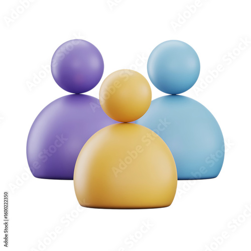 Three cartoon people are standing together in a team with different colors isolated on transparent background