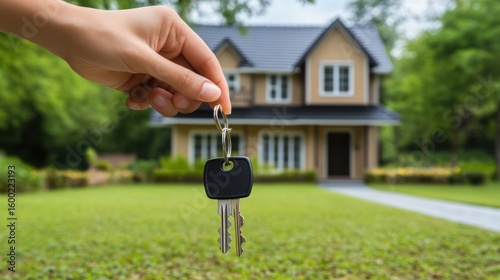Hand holding house keys in front of a home
