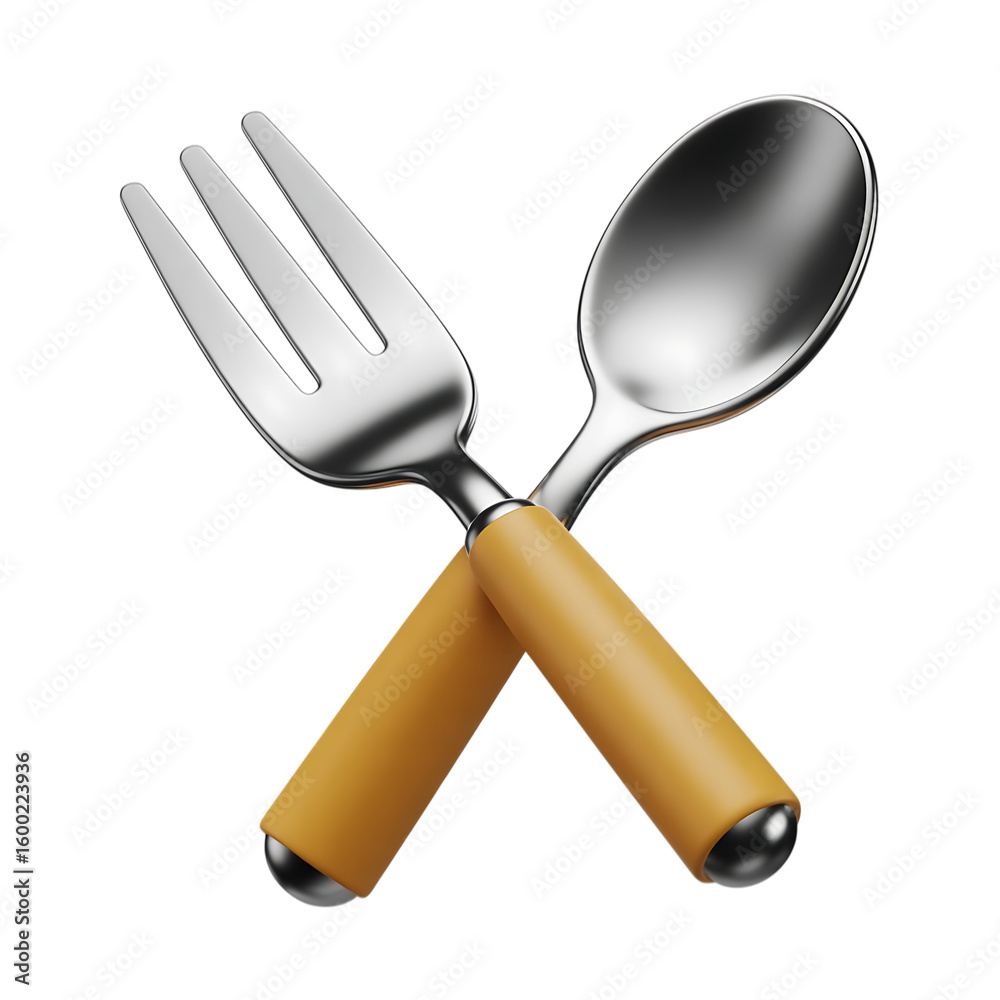 Fototapeta premium A crossed fork and spoon with yellow handles are isolated against a transparent background in a studio shot