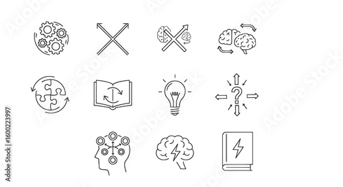 Conceptual icons representing ideas and processes gears arrows