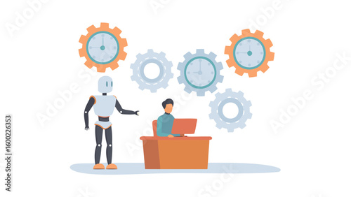 Robot assisting a person working at a desk with gears and clocks floating in the background scene here