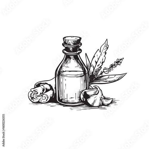 Herbal essence bottle with natural ingredients for wellness