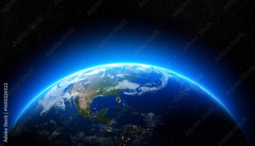Obraz premium Curved Earth from high orbit, bright glowing blue atmosphere ring, visible cloud swirl