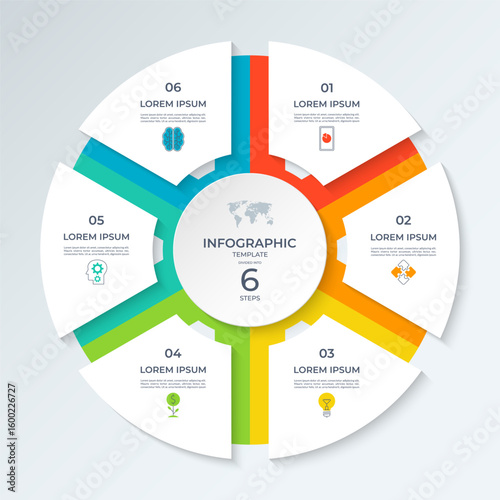 Infographic circle divided into 6 steps. Vector cycle diagram with 6 parts, options. Round chart that can be used for report, business analytics, data visualization, presentation, educational content.