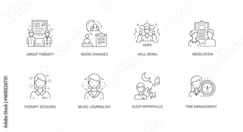 Diverse mental health icons depicting therapy and well-being concepts group mood