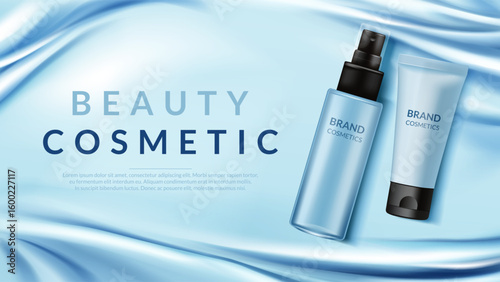 Realistic 3D Beauty cosmetic product, cologne spray or perfume, face cream on blue silk background. Vector illustration