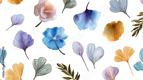 繊細なタッチで描かれた透明感あふれるボタニカルパターンの花模様壁紙｜ナチュラルな雰囲気と優しい色合いが魅力の背景素材｜植物、草花、インテリア、壁紙、包装紙、テキスタイルに使える万能イメージ