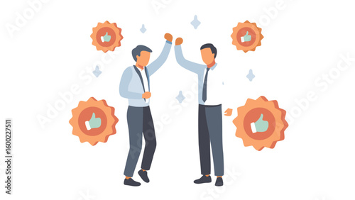 Two business people high fiving with thumbs up icons and sparkles celebrating success together now