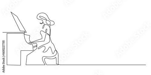 Continuous line drawing of a woman playing piano in elegant posture. Minimalist illustration symbolizing classical music, grace, performance, and artistic expression