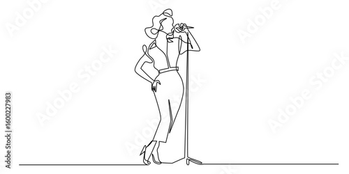 Continuous line drawing of a retro-style female singer holding a microphone on stage. Minimalist illustration representing music, performance, elegance, and vintage fashion