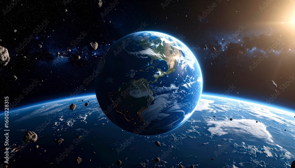 Obraz premium Earth floating in space with distant asteroid belt behind