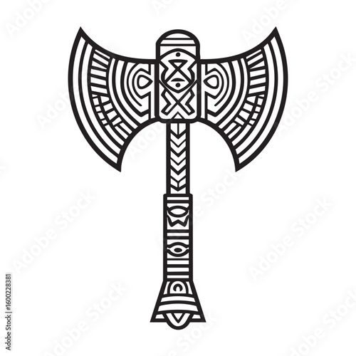 Decorative battle axe with intricate tribal patterns for design use