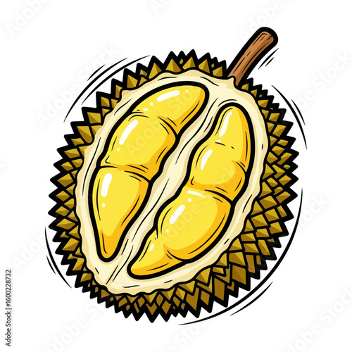 Durian fruit cartoon. Colored cartoon with line art and white background. AI generated image.
