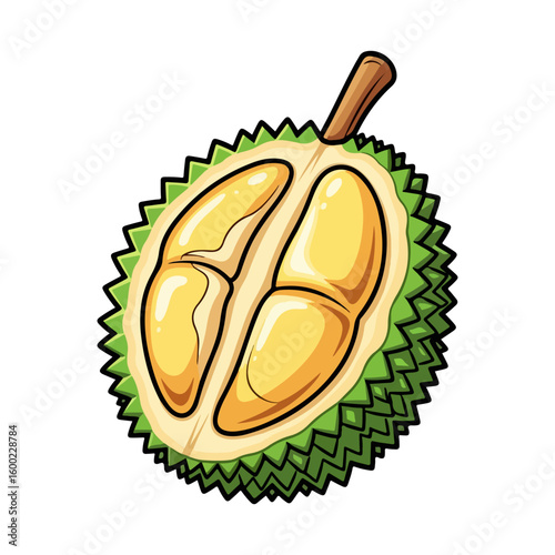 Durian fruit cartoon. Colored cartoon with line art and white background. AI generated image.