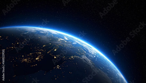 Fototapeta Naklejka Na Ścianę i Meble -  Earth from space with blurry space debris in foreground, curved glowing edge of Earth