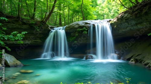 Serene Waterfall in Lush Green Forest