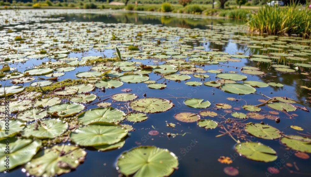 image of algae covered pond showing eutrophication caused by nutrient rich waste runoff leading to loss of aquatic biodiversity and water quality image of algae covered pond showing eutrophication caused by nutrient rich waste runoff leading to loss of aquatic biodiversity and water quality