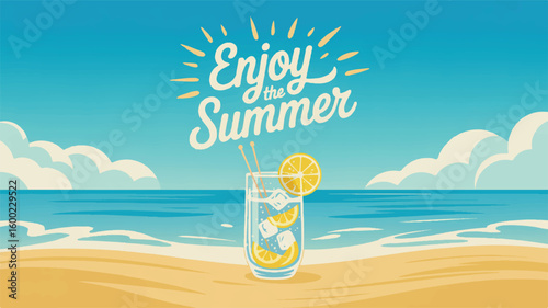 Summer Refreshment: A refreshing summer cocktail with ice and lemon slices, placed invitingly on a sun-kissed sandy beach, under a brilliant blue sky, inviting the viewer to 'Enjoy the Summer.'
