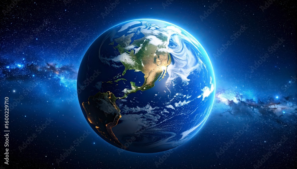 Fototapeta premium Earth from space with pale blue nebula fog around, soft dreamy glow