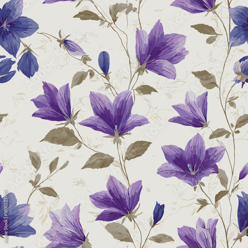 Purple bellflower seamless pattern on soft textured background