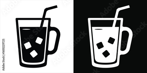 Cold beverage icon with ice and straw in a glass mug