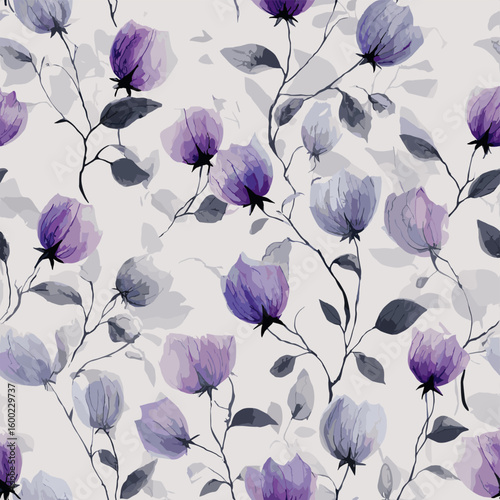 Purple bellflower seamless pattern on soft textured background