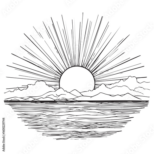 Elegant sunrise over calm ocean with mountains in the distance