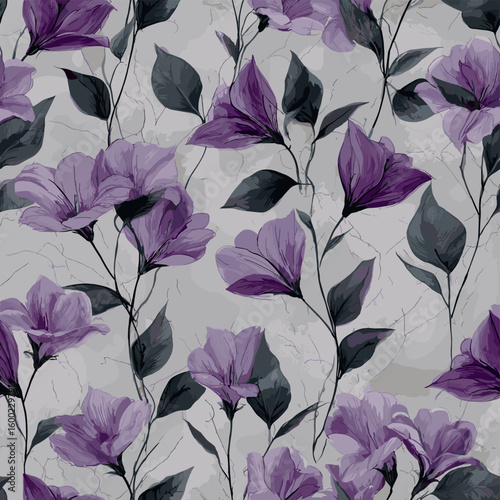 Purple bellflower seamless pattern on soft textured background