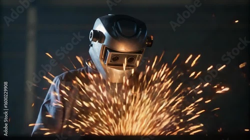 Human AI Collaboration Welding Sparks Industrial Setting Protective Gear Creativity Innovation Industrial Environments Protective