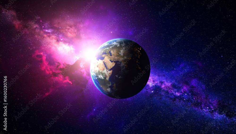 Obraz premium Earth partially emerging from behind a bright purple red nebula wall