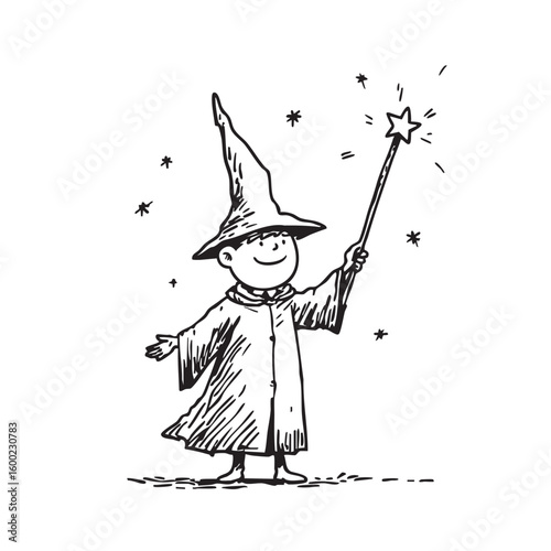 Young wizard casting magic with a sparkling wand and hat