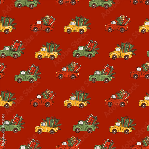 Vintage trucks pattern with christmas presents on red background. Vector illustration