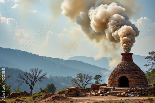 unregulated brick kiln emitting thick smoke into the air showing traditional industries contributing to rural air pollution