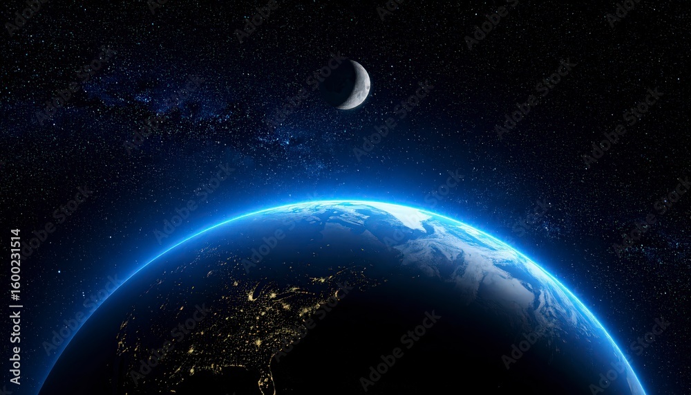 Obraz premium Earth seen from space with the distant Moon visible in background