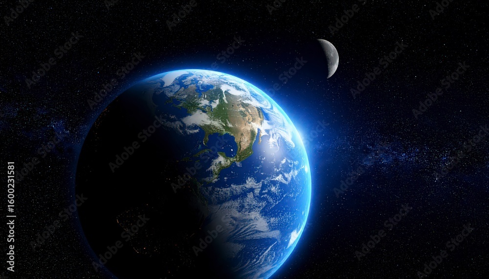 Fototapeta premium Earth seen from space with the distant Moon visible in background
