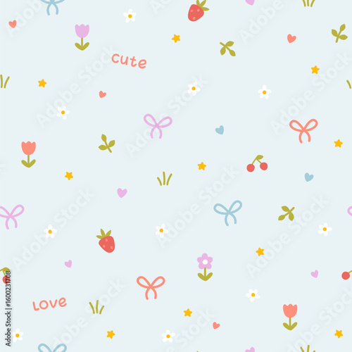 Preppy kawaii seamless vector pattern with cute hand drawn doodles. Berries, strawberries with bows and flowers in pastel palette, simple naive cartoon style. For baby clothes, stationery, packaging.