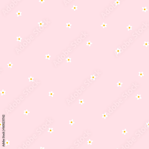 Daisy floral seamless vector pattern with daisies in simple hand drawn cartoon kawaii style. Pastel palette, cute soft pink background. Ideal for printing baby textiles, clothes, packaging