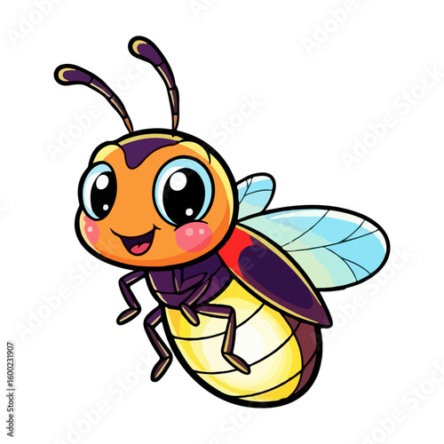 Firefly glow cartoon. Colored cartoon with line art and white background. AI generated image.