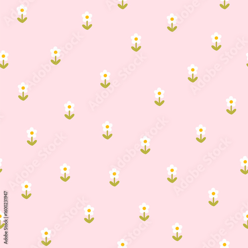 Daisy floral seamless vector pattern with daisies in simple hand drawn cartoon kawaii style. Pastel palette, cute soft pink background. Ideal for printing baby textiles, clothes, packaging